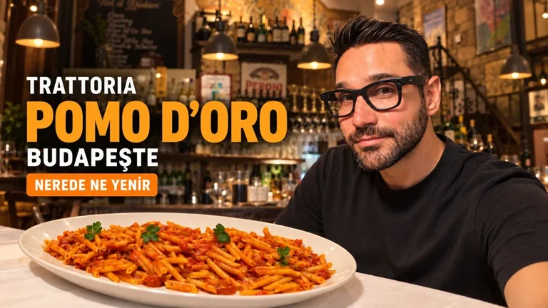 Trattoria Pomo D'Oro Budapeşte: Halil masada, önünde penne all'arrabbiata tabağı