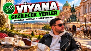 Viyana gezilecek yerler: arkada Schönbrunn Sarayı, sağda saray önünde faytonlar, masada Sacher pastası ve kahve