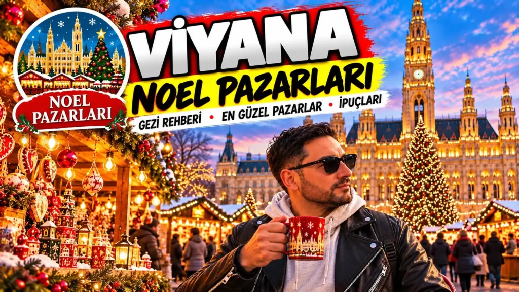 Viyana Noel pazarları: Rathausplatz'ta Belediye Binası, ışıklı Noel ağacı ve pazar tezgâhları, akşamüstü