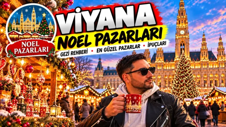 Viyana Noel pazarları: Rathausplatz'ta Belediye Binası, ışıklı Noel ağacı ve pazar tezgâhları, akşamüstü