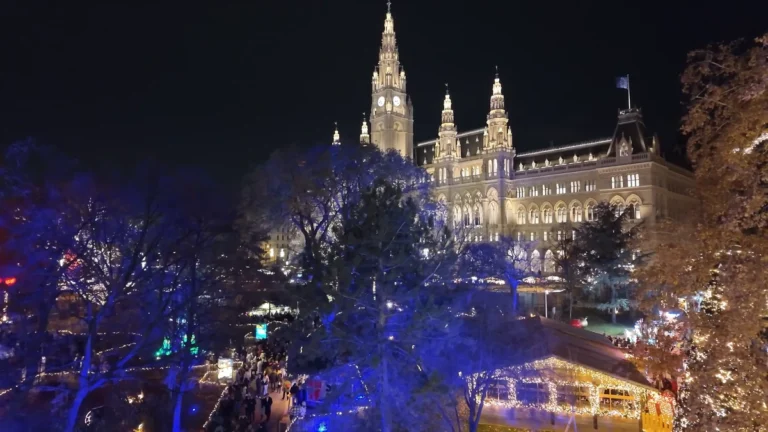 Rathausplatz Noel pazarındaki dönme dolaptan Belediye Binası ve ışıklı park, Viyana