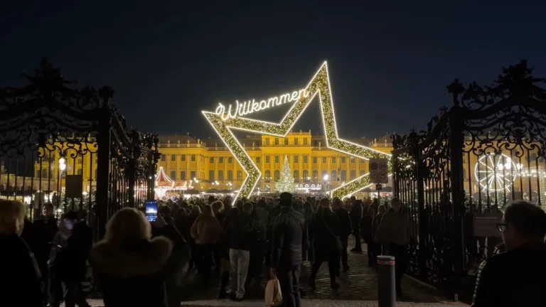 Schönbrunn Sarayı önündeki Noel pazarı ve ışıklı yıldız, Viyana