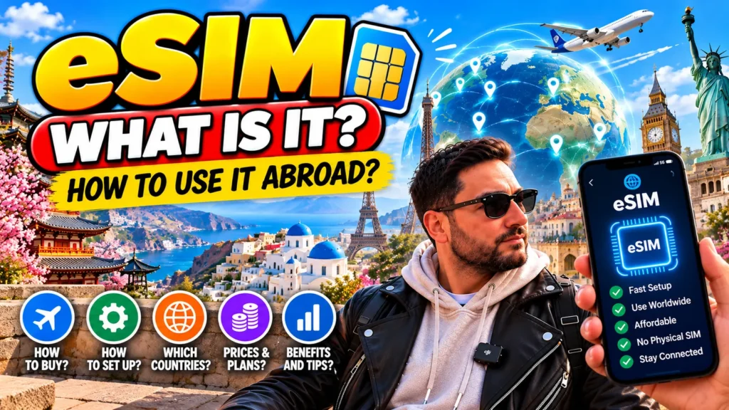 What is an eSIM and how to use it abroad: eSIM setup on a phone with world landmarks behind