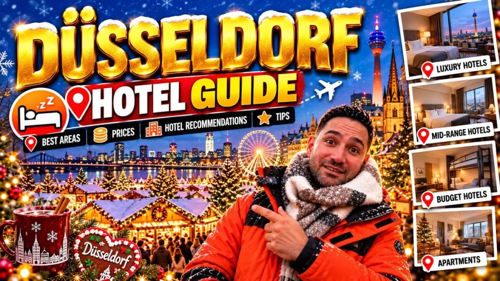 Düsseldorf hotel guide cover: Halil in front of the Rheinturm and a Christmas market, with luxury, mid-range, budget hotel and apartment rooms