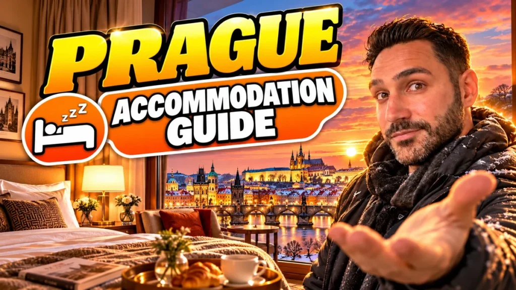 Halil Şımır in a Prague hotel room with a window view of Charles Bridge and Prague Castle at sunset, Prague Accommodation Guide cover