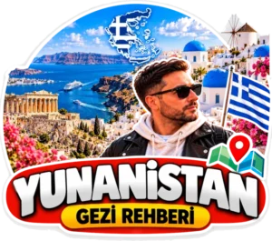 Yunanistan gezi rehberi rozeti: Akropolis, Santorini'nin mavi kubbeleri, yel değirmeni ve Yunanistan bayrağı